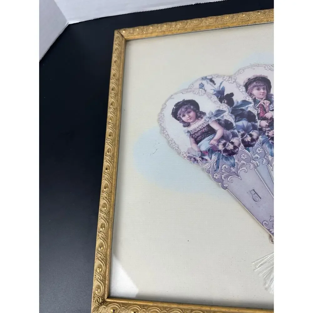 Gold Framed Victorian Girls Paper Fan Greeting Card by Old Print Factory Reprod.